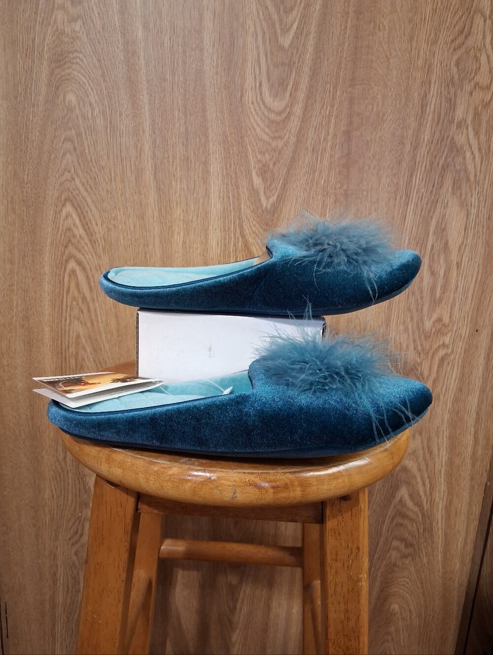 Teal Plush Velvet Slide Slippers with Feather Pom Pom